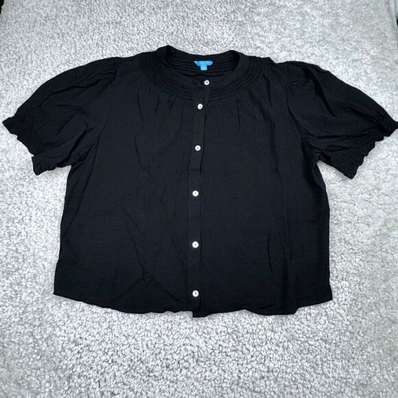 Draper James RSVP Elbow Sleeve Button Front Top Black - Picture 1 of 6